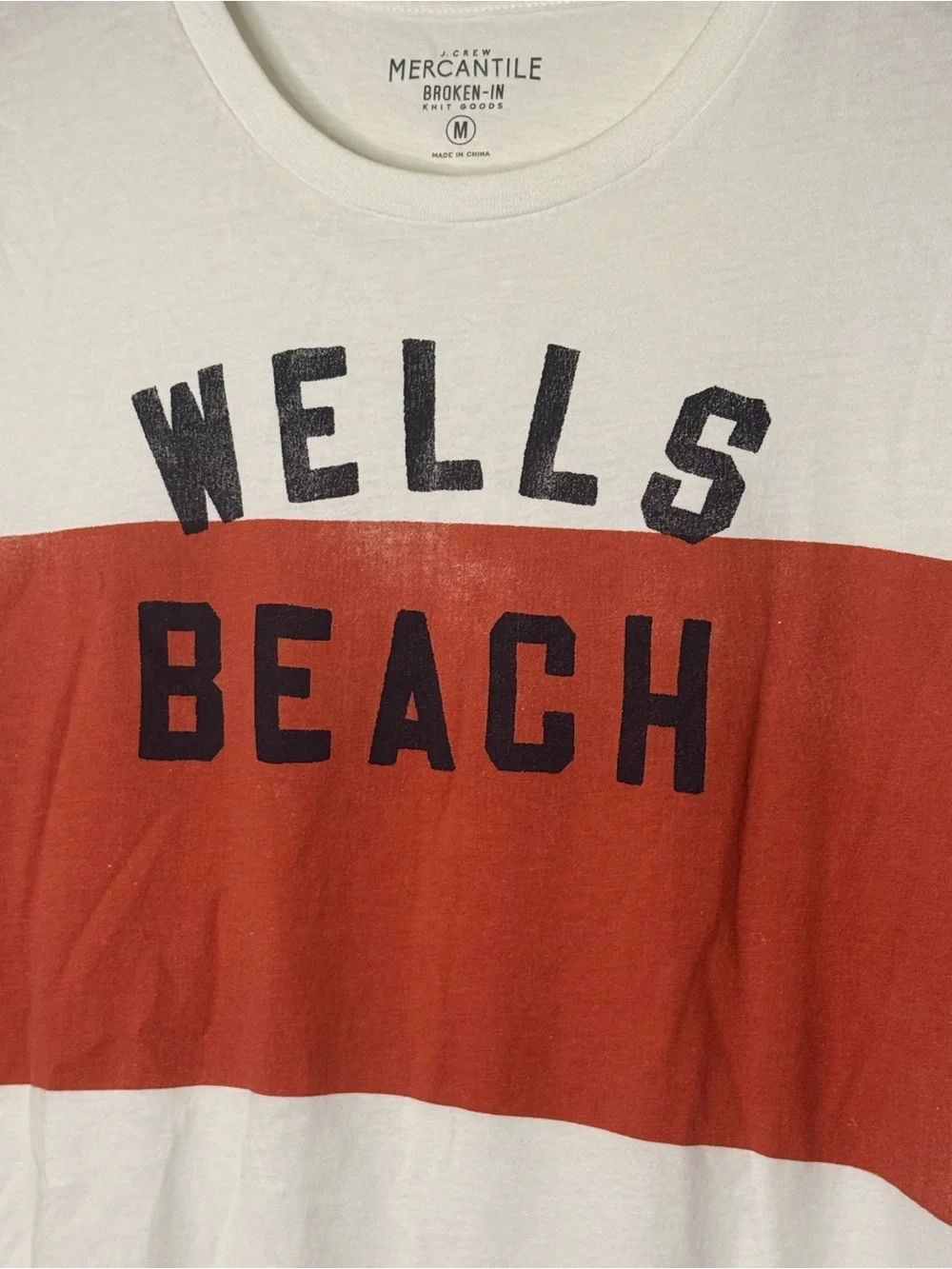 J. Crew White T-Shirt with Rust Chest Panel and Navy Print